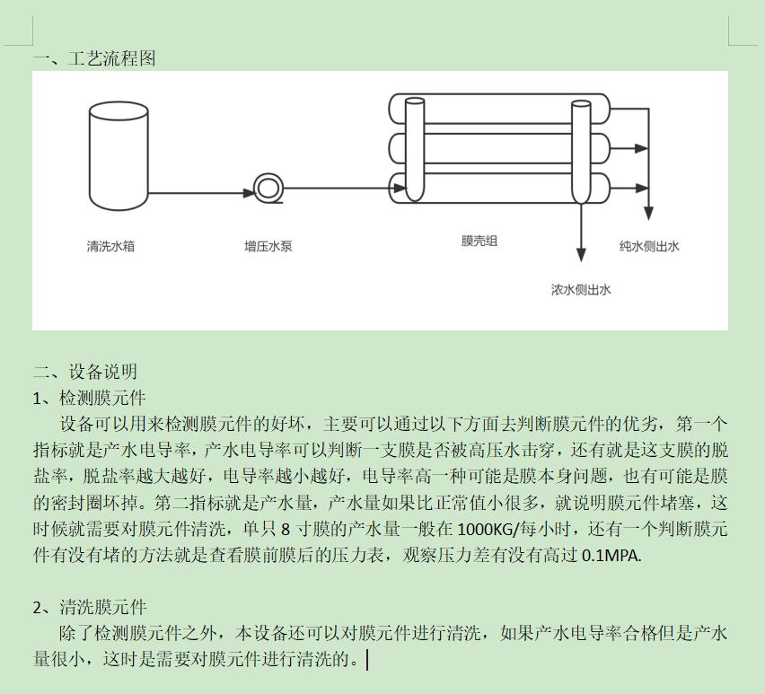 西畴ro洗膜机工艺流程图及工艺说明